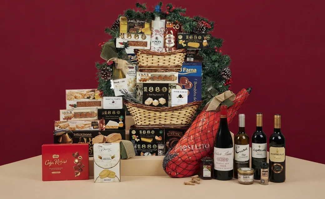 Cesta de Navidad TuCesta con jamón, vinos, turrones y dulces artesanos